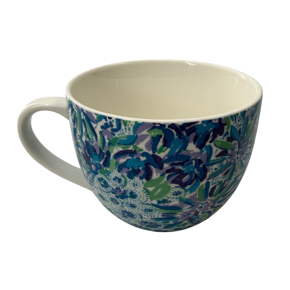 Lilly Pulitzer Coffee Mug Floral Blue Green Ceramic Tea Cup Oversized READ